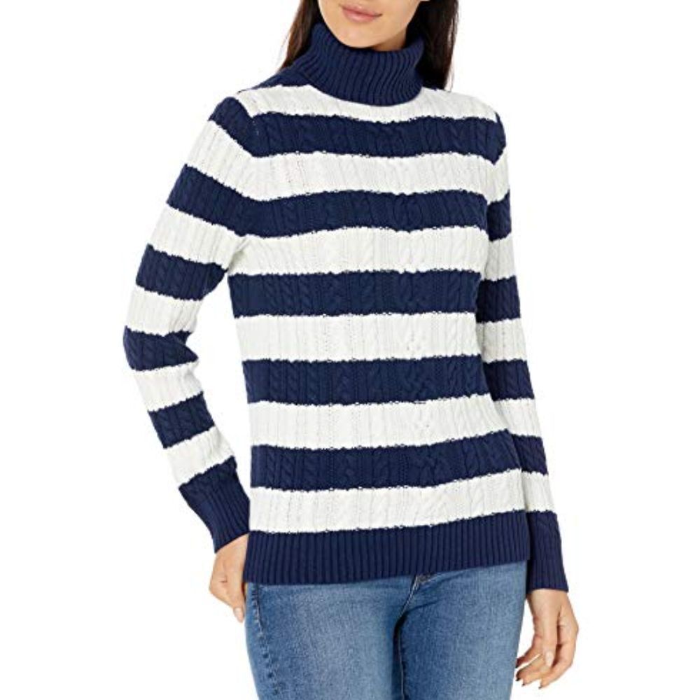 Essentials Cable Knit Turtleneck Sweater Navy Blue White Striped Size XL‎ Cozy